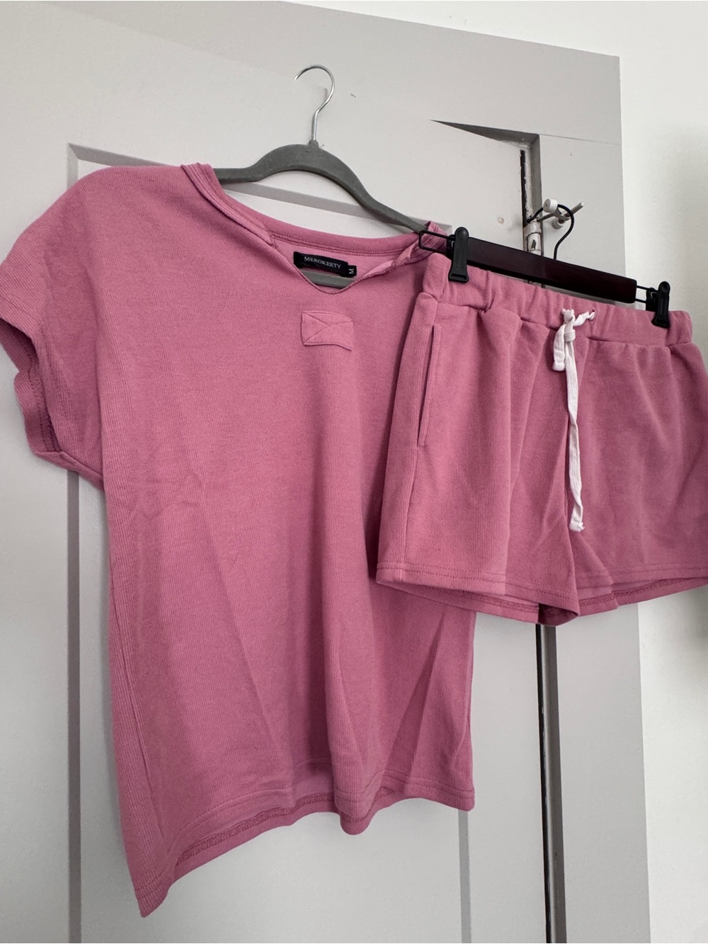 Merokeety Pink Short Sleeve Top & Drawstring Shorts Lounge Set